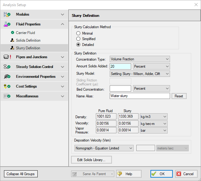 The Slurry Definition Panel of Analysis Setup for Condition A in the Slurry System Feasibility Study example.